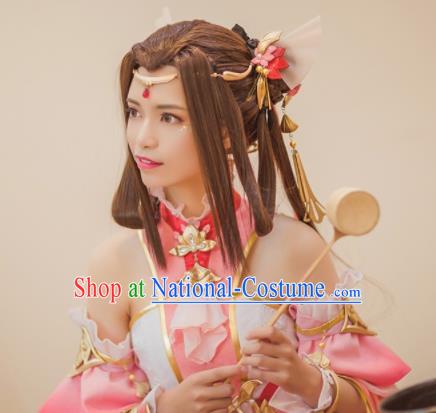 Traditional Chinese Cosplay Fairy Princess Brown Wigs Sheath Ancient Female Swordsman Chignon and Hair Accessories for Women