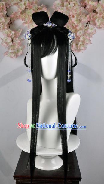 Traditional Chinese Cosplay Goddess Princess Brown Wigs Sheath Ancient Female Swordsman Chignon and Hair Accessories for Women