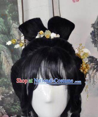 Traditional Chinese Cosplay Flowers Fairy Female Swordsman Black Wigs Sheath Ancient Princess Chignon for Women