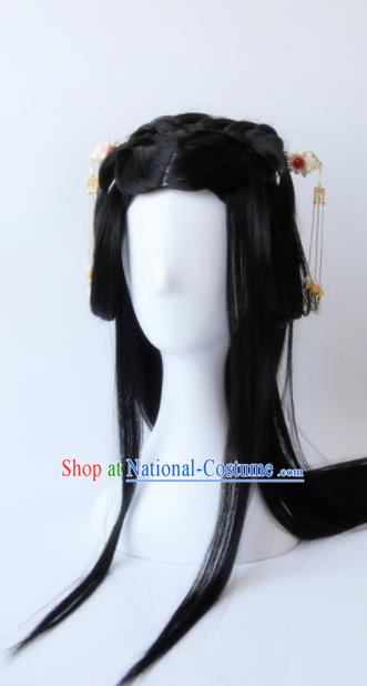 Traditional Chinese Cosplay Princess Shi Sanyue Black Long Wigs Sheath Ancient Female Swordsman Chignon for Women