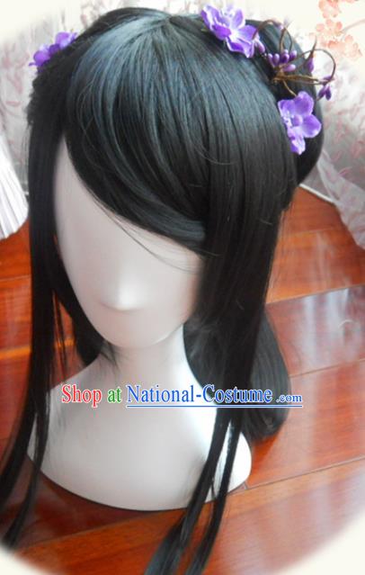 Traditional Chinese Cosplay Princess Ye Xihe Black Long Wigs Sheath Ancient Female Swordsman Chignon for Women