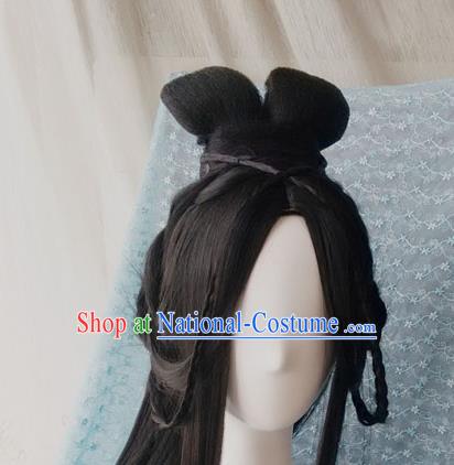 Traditional Chinese Cosplay Princess Feng Jiu Black Long Wigs Sheath Ancient Female Swordsman Chignon for Women