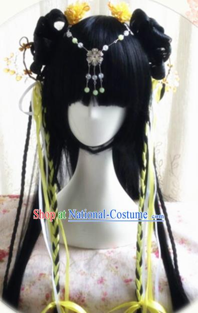 Traditional Chinese Cosplay Peri Princess Long Wigs Sheath Ancient Female Swordsman Chignon for Women