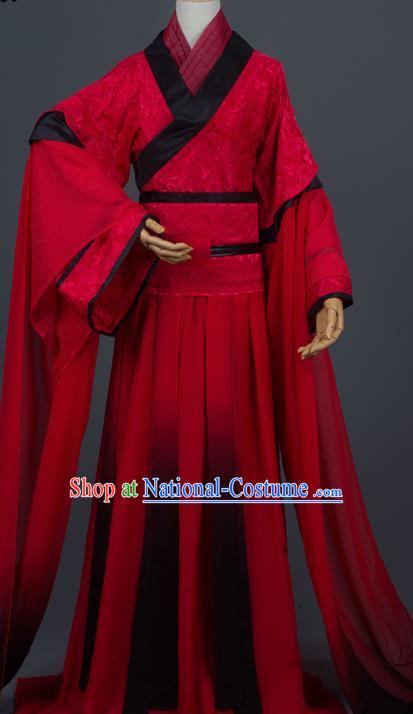 Traditional Chinese Cosplay Crown Prince Wedding Red Costumes Ancient Swordsman Hanfu Clothing for Men