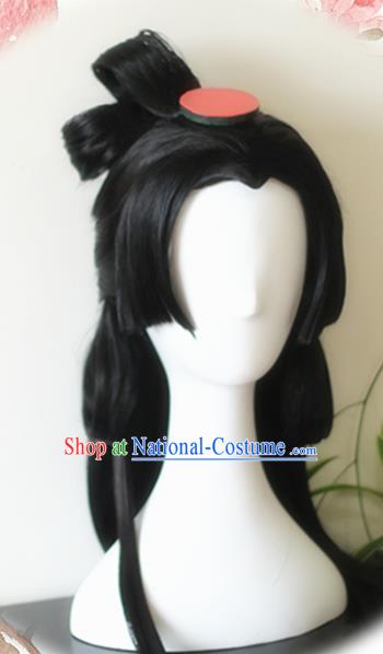 Traditional Chinese Cosplay Princess Xiao Qiao Black Long Wigs Sheath Ancient Female Swordsman Chignon for Women