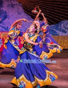 Chinese Happiness On The Way Zang Nationality Dance Purple Dress Stage Performance Costume and Headpiece for Women