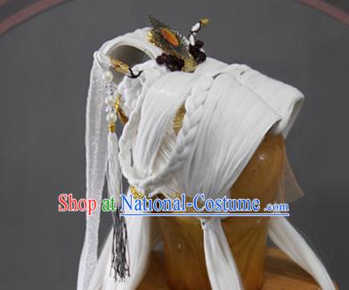 Traditional Chinese Ancient Prince White Wigs and Hairpins Cosplay Swordsman Hair Accessories Complete Set for Men