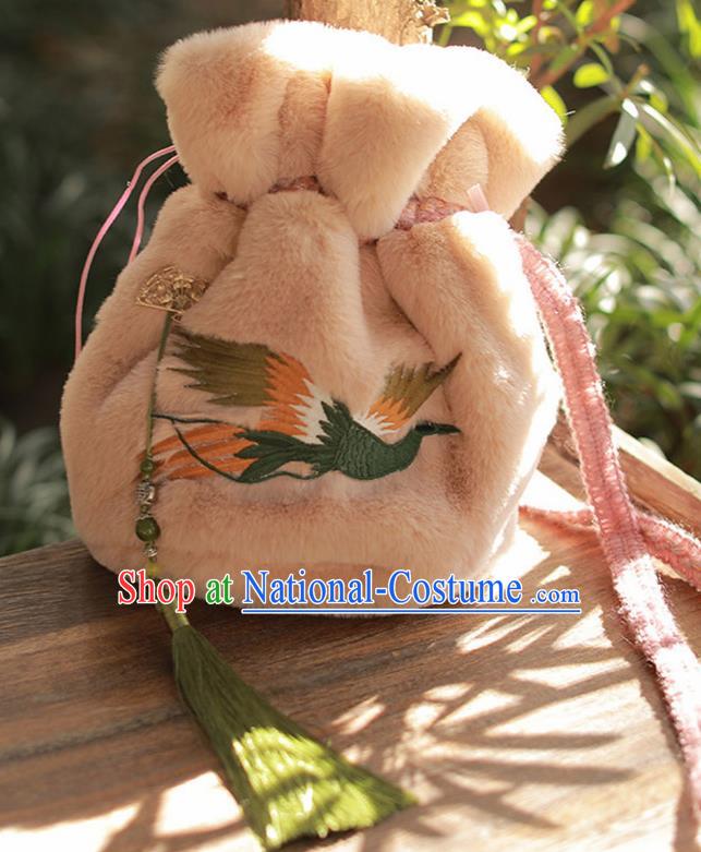 Traditional Chinese Ancient Termofor Embroidered Crane Pink Bag