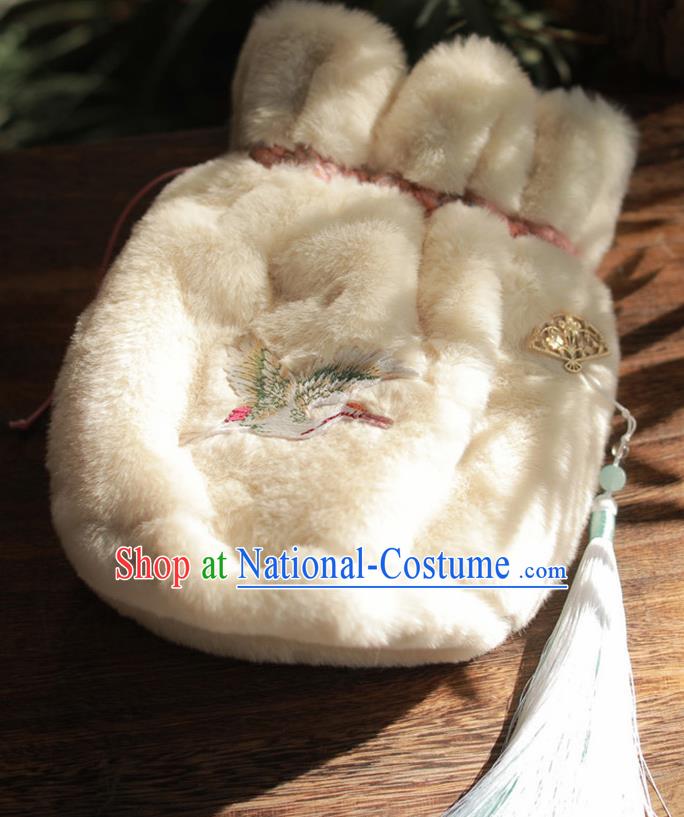 Traditional Chinese Ancient Termofor Embroidered Crane White Bag