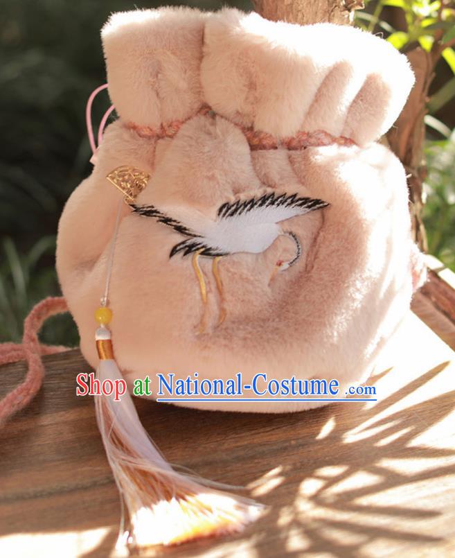 Traditional Chinese Ancient Termofor Embroidered Crane Light Pink Bag