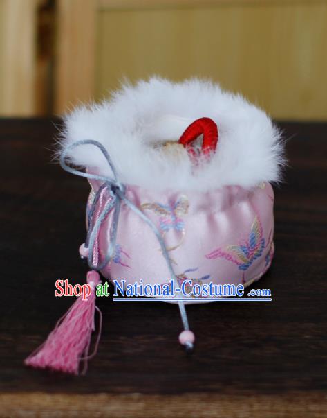 Traditional Chinese Ancient Termofor Cover Embroidered Butterfly Pink Brocade Bag