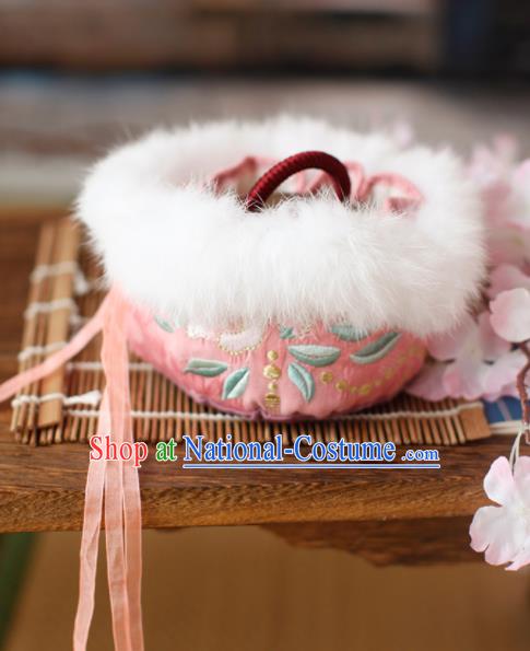 Traditional Chinese Ancient Termofor Cover Embroidered Flowers Pink Brocade Bag