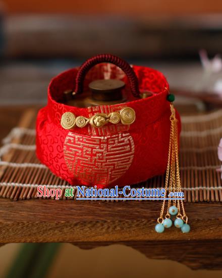 Traditional Chinese Ancient Termofor Cover Embroidered Red Brocade Bag