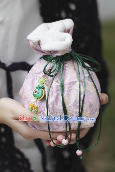 Traditional Chinese Ancient Termofor Cover Embroidered Pattern Pink Brocade Bag