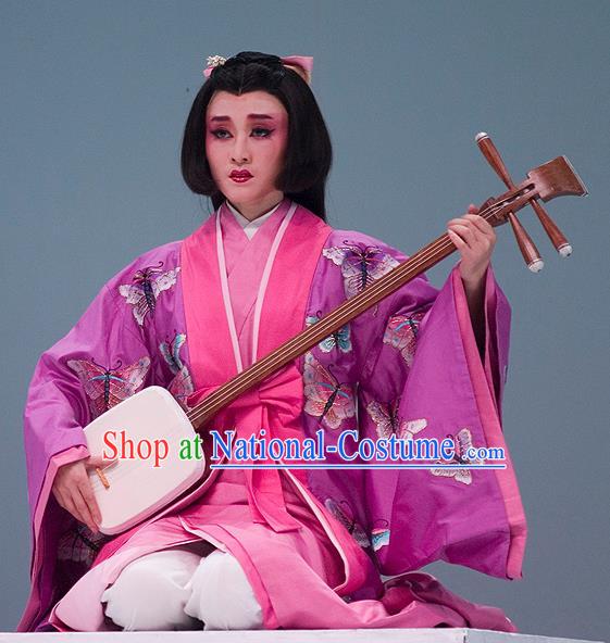 The Legend of Chunqin Shaoxing Opera Japan Geisha Embroidered Butterfly Purple Kimono Dress Stage Performance Costume and Headpiece for Women