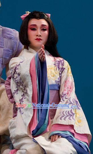 The Legend of Chunqin Shaoxing Opera Japan Geisha White Kimono Dress Stage Performance Costume and Headpiece for Women