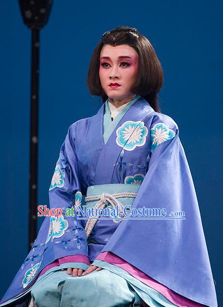 The Legend of Chunqin Shaoxing Opera Japan Geisha Blue Kimono Dress Stage Performance Costume and Headpiece for Women