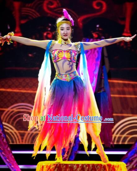 Chinese Phenix Dance In The Sky Classical Dance Colorful Dress Stage Performance Costume and Headpiece for Women