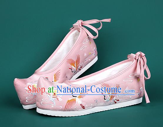 Chinese National Winter Embroidered Crane Pink Brushed Shoes Traditional Hanfu Shoes Princess Shoes Opera Shoes for Women