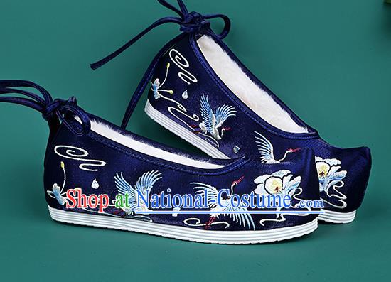 Chinese National Winter Embroidered Crane Royalblue Brushed Shoes Traditional Hanfu Shoes Princess Shoes Opera Shoes for Women