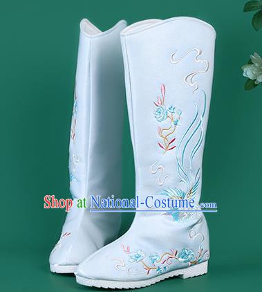 Chinese Traditional Embroidered Blue High Boots Hanfu Shoes Embroidered Boots for Women