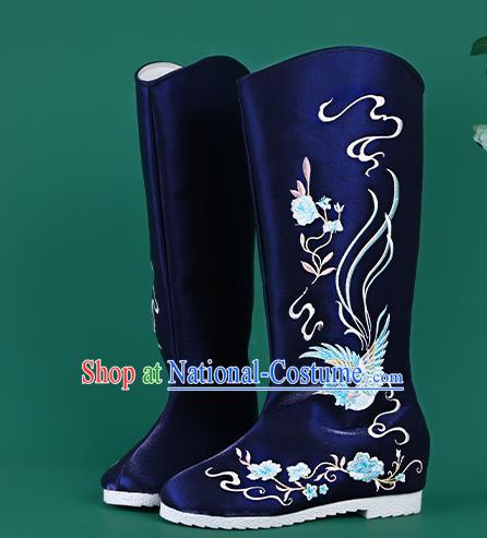 Chinese Traditional Embroidered Royalblue High Boots Hanfu Shoes Embroidered Boots for Women