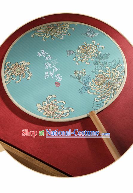 Chinese Traditional Printing Chrysanthemum Green Round Fans Hanfu Silk Palace Fan for Women