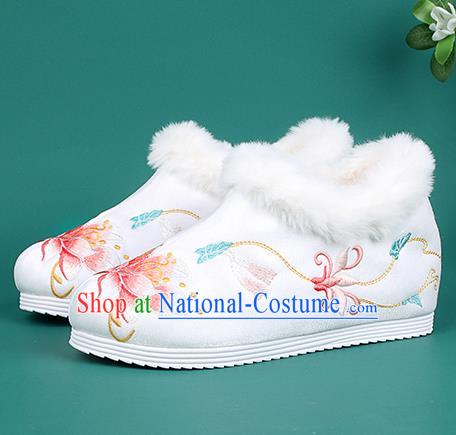 Chinese Traditional Winter Embroidered Peony White Ankle Boots Hanfu Shoes Cloth Boots for Women