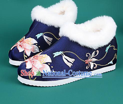 Chinese Traditional Winter Embroidered Peony Royalblue Ankle Boots Hanfu Shoes Cloth Boots for Women