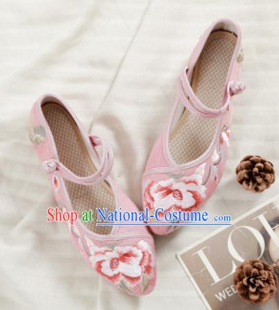 Traditional Chinese National Embroidery Peony Pink Shoes Embroidered Shoes Hanfu Shoes for Women