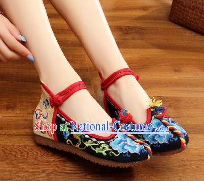 Traditional Chinese Old Beijing Embroidery Peony Black Shoes National Embroidered Shoes Hanfu Shoes for Women