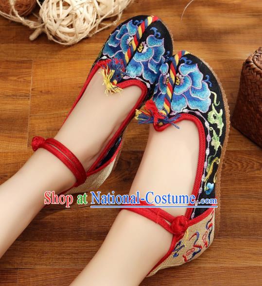 Traditional Chinese Old Beijing Embroidery Peony Black Shoes National Embroidered Shoes Hanfu Shoes for Women