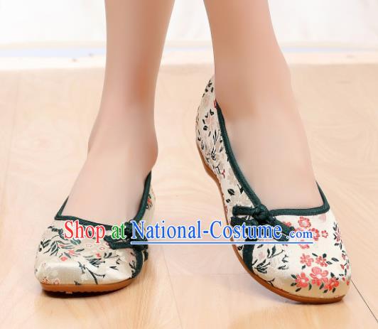 Traditional Chinese Beige Satin Shoes Embroidered Shoes Cloth Shoes for Women