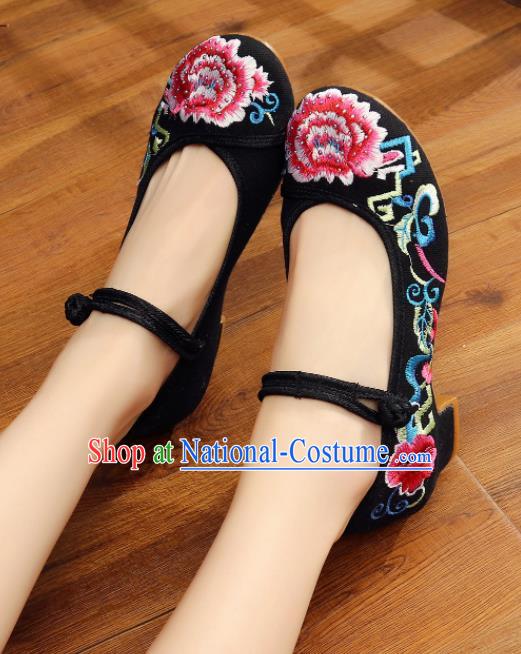 Traditional Chinese Old Beijing Embroidery Peony Black Shoes Embroidered Shoes Cloth Shoes for Women