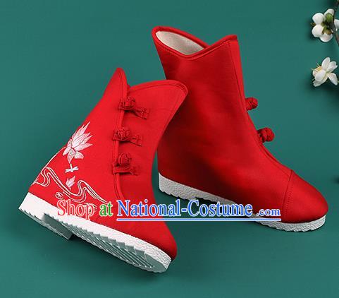 Chinese Traditional Winter Embroidered Lotus Red Boots Hanfu Shoes Cloth Boots for Women