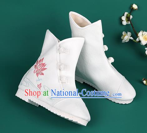 Chinese Traditional Winter Embroidered Lotus White Boots Hanfu Shoes Cloth Boots for Women