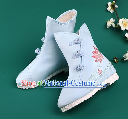 Chinese Traditional Winter Embroidered Lotus Blue Boots Hanfu Shoes Cloth Boots for Women