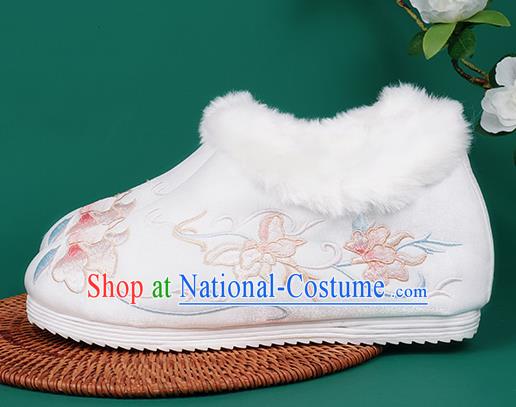 Chinese Traditional Embroidered Winter White Boots Hanfu Shoes Cloth Boots for Women