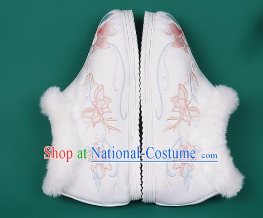 Chinese Traditional Embroidered Winter White Boots Hanfu Shoes Cloth Boots for Women