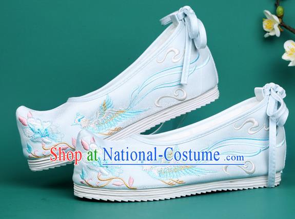 Chinese Traditional Winter Embroidered Phoenix Light Blue Shoes Hanfu Shoes Princess Shoes for Women