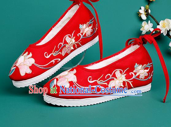 Chinese Traditional Winter Red Embroidered Shoes Hanfu Shoes Princess Shoes for Women