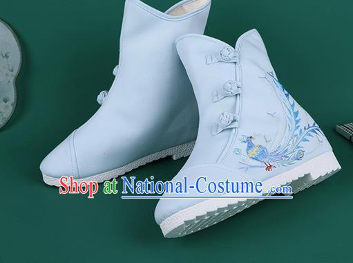 Handmade Chinese Traditional Embroidered Phoenix Blue Boots Hanfu Shoes Cloth Boots for Women