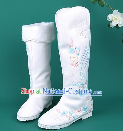 Handmade Chinese Cloth Boots Traditional Embroidered Phoenix White Boots Hanfu Shoes for Women