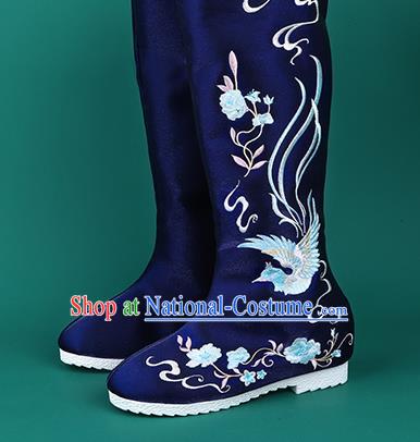 Handmade Chinese Cloth Boots Traditional Embroidered Phoenix Royalblue Boots Hanfu Shoes for Women