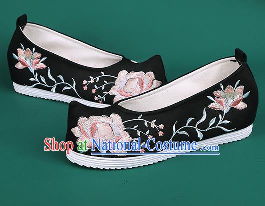 Chinese Traditional Wedding Embroidered Peony Black Shoes Hanfu Shoes Princess Shoes for Women