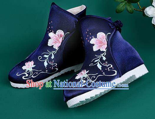 Handmade Chinese Royalblue Cloth Boots Traditional Embroidered Boots Hanfu Shoes for Women