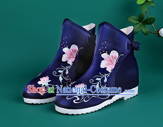 Handmade Chinese Royalblue Cloth Boots Traditional Embroidered Boots Hanfu Shoes for Women