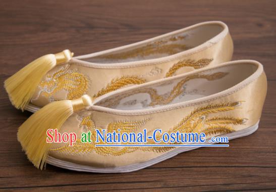 Traditional Chinese Handmade Tassel Hanfu Shoes Embroidered Dragon Phoenix Shoes Satin Shoes for Women