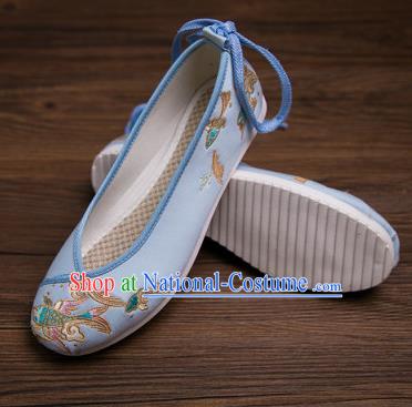 Traditional Chinese Handmade Hanfu Shoes Embroidered Carp Blue Shoes Cloth Shoes for Women