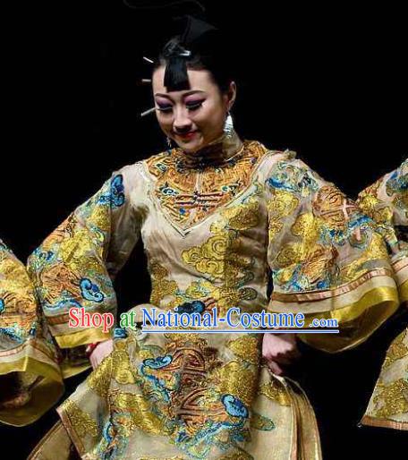 Chinese Dance Drama Wild Jujubes Classical Dance Golden Dress Stage Performance Dance Costume and Headpiece for Women